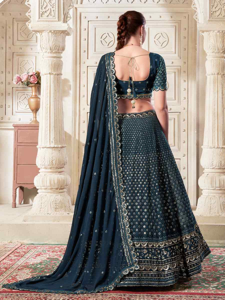 Teal Premium Georgette Embroidered Reception Party Wear Heavy Border Lehenga Choli