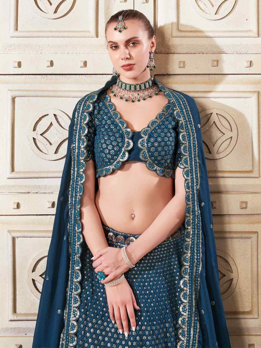 Teal Premium Georgette Embroidered Reception Party Wear Heavy Border Lehenga Choli