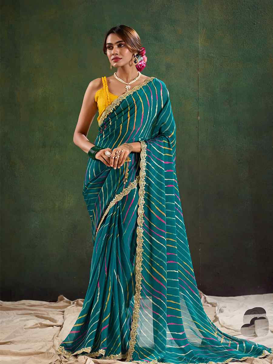 Teal Pure Chiffon Embroidered Festival Wedding Classic Style Saree