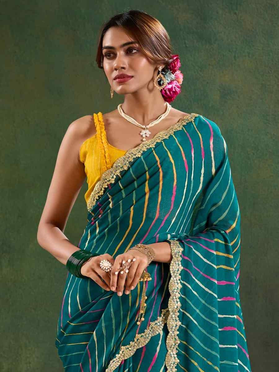 Teal Pure Chiffon Embroidered Festival Wedding Classic Style Saree