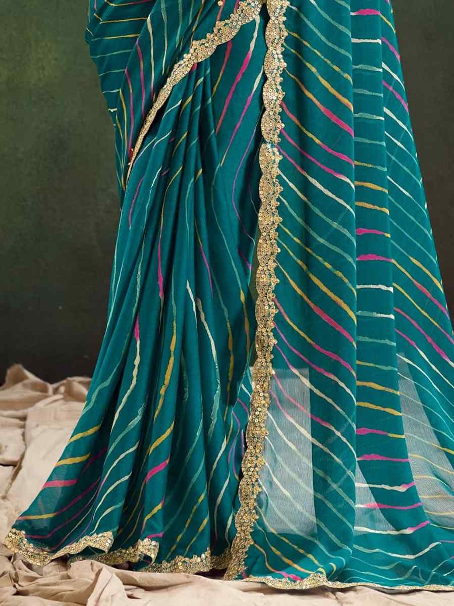 Teal Pure Chiffon Embroidered Festival Wedding Classic Style Saree