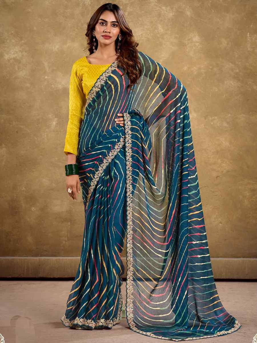 Teal Pure Chiffon Embroidered Festival Wedding Classic Style Saree