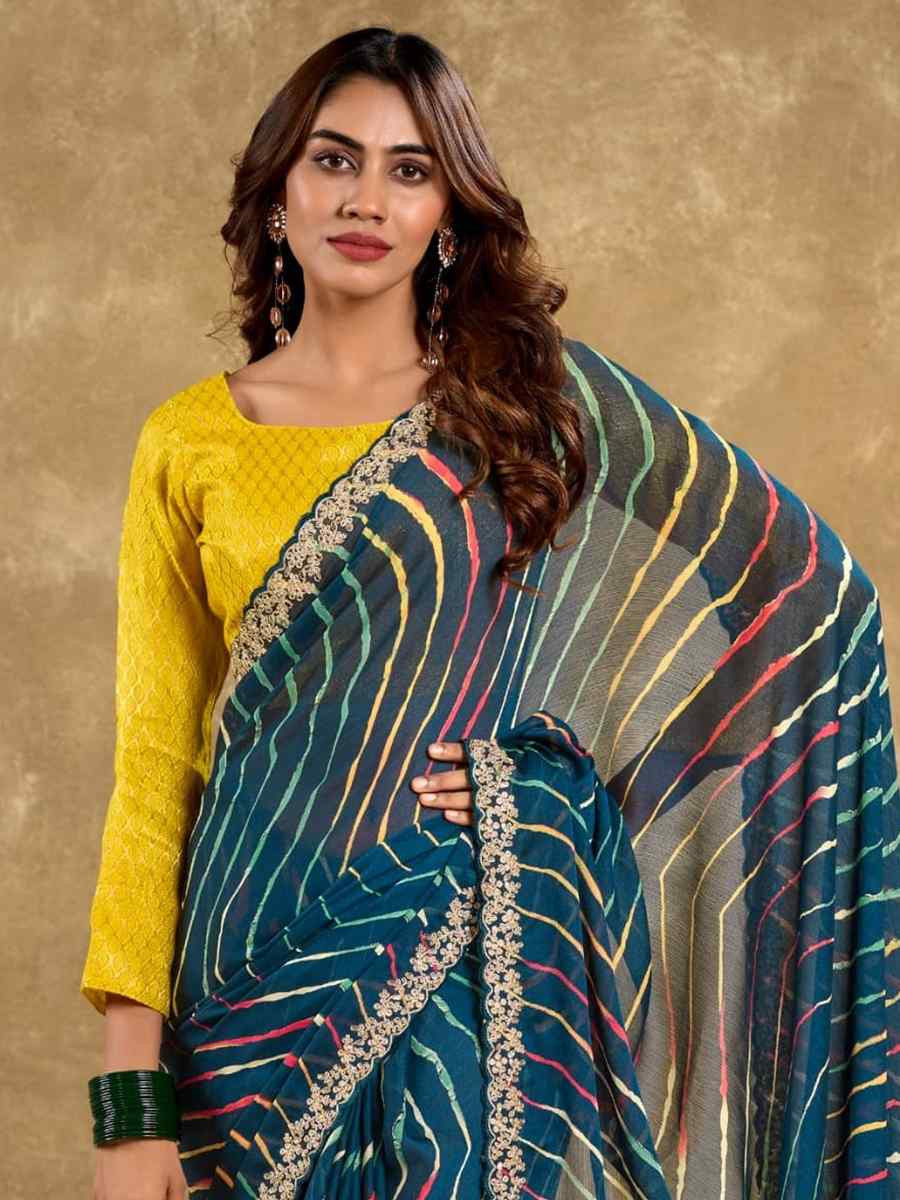 Teal Pure Chiffon Embroidered Festival Wedding Classic Style Saree