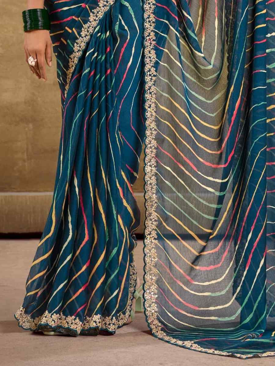 Teal Pure Chiffon Embroidered Festival Wedding Classic Style Saree