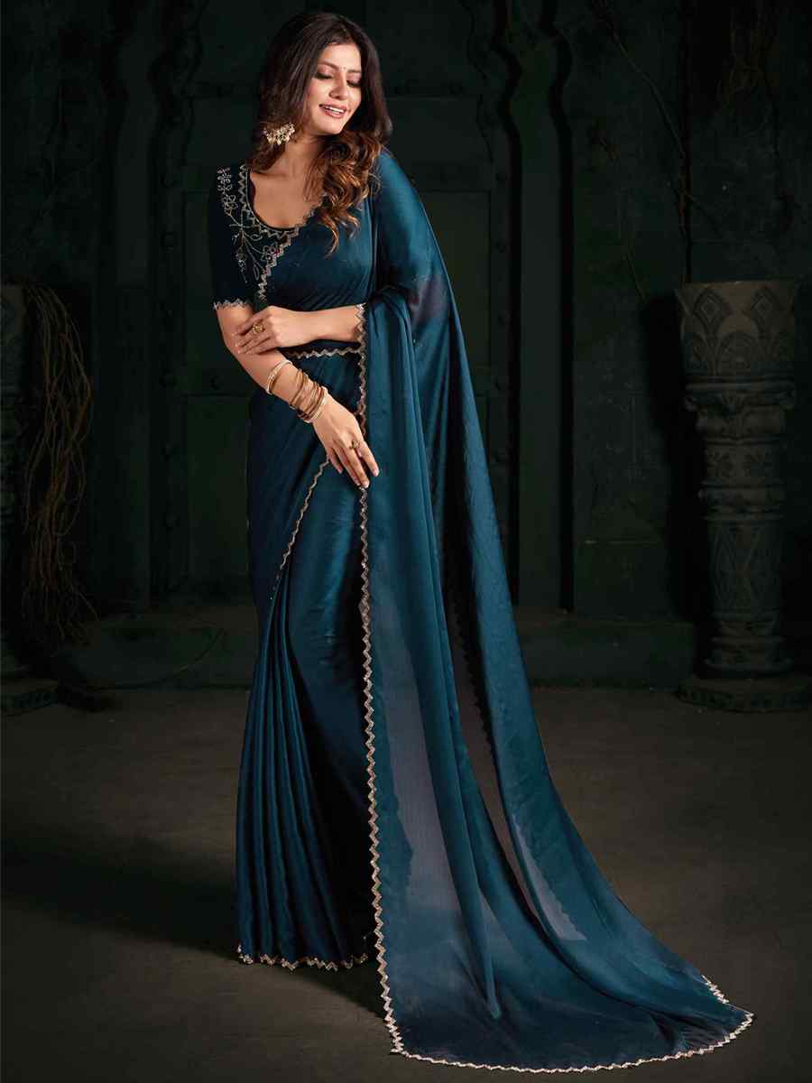 Teal Pure Chiffon Silk Handwoven Wedding Festival Heavy Border Saree