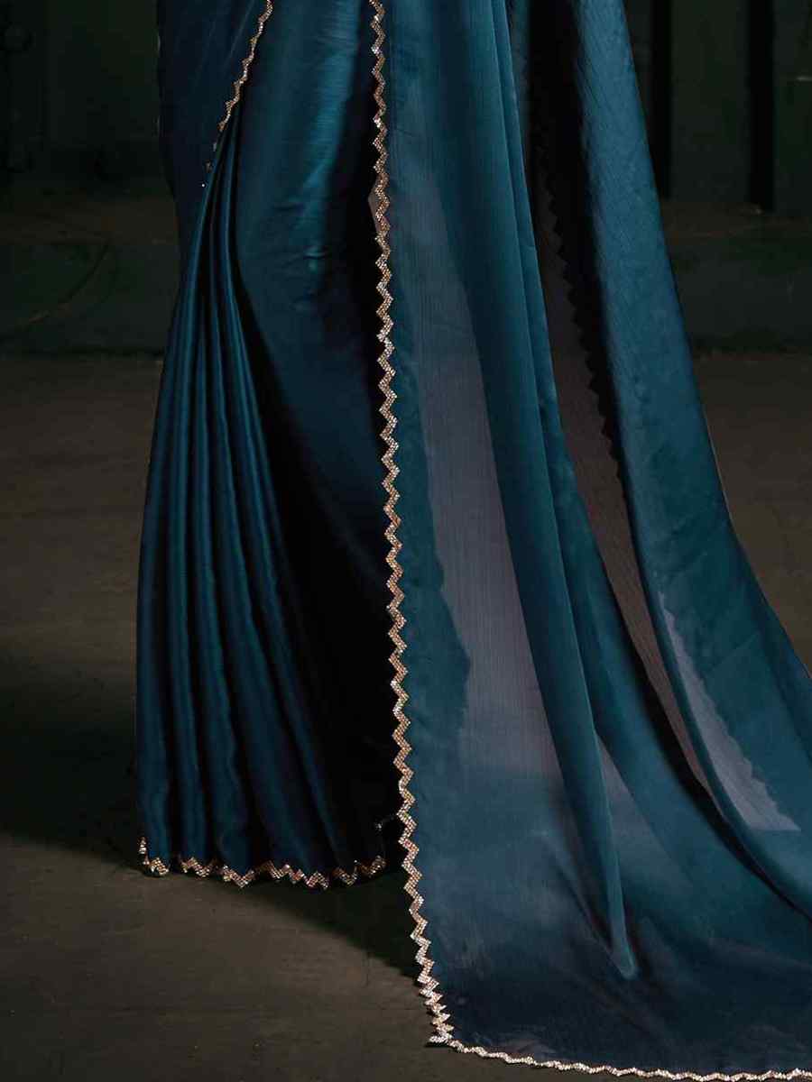 Teal Pure Chiffon Silk Handwoven Wedding Festival Heavy Border Saree