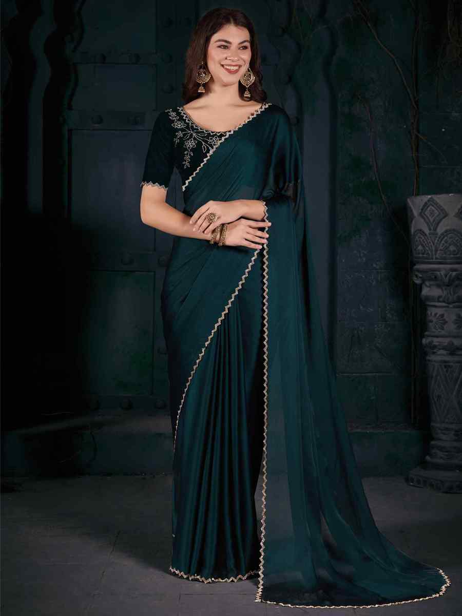 Teal Pure Chiffon Silk Handwoven Wedding Festival Heavy Border Saree