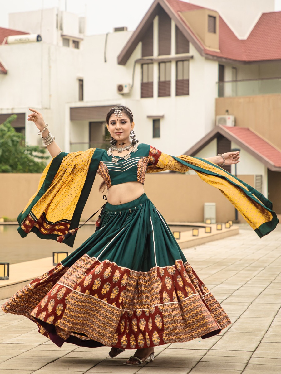 Teal Pure Cotton Printed Festival Festival Circular Lehenga Choli