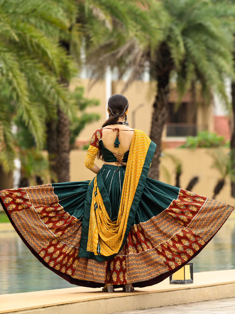 Teal Pure Cotton Printed Festival Festival Circular Lehenga Choli