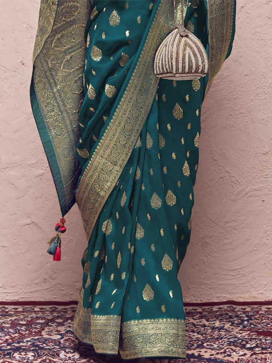 Teal Pure Crepe Dola Silk Handwoven Wedding Festival Heavy Border Saree