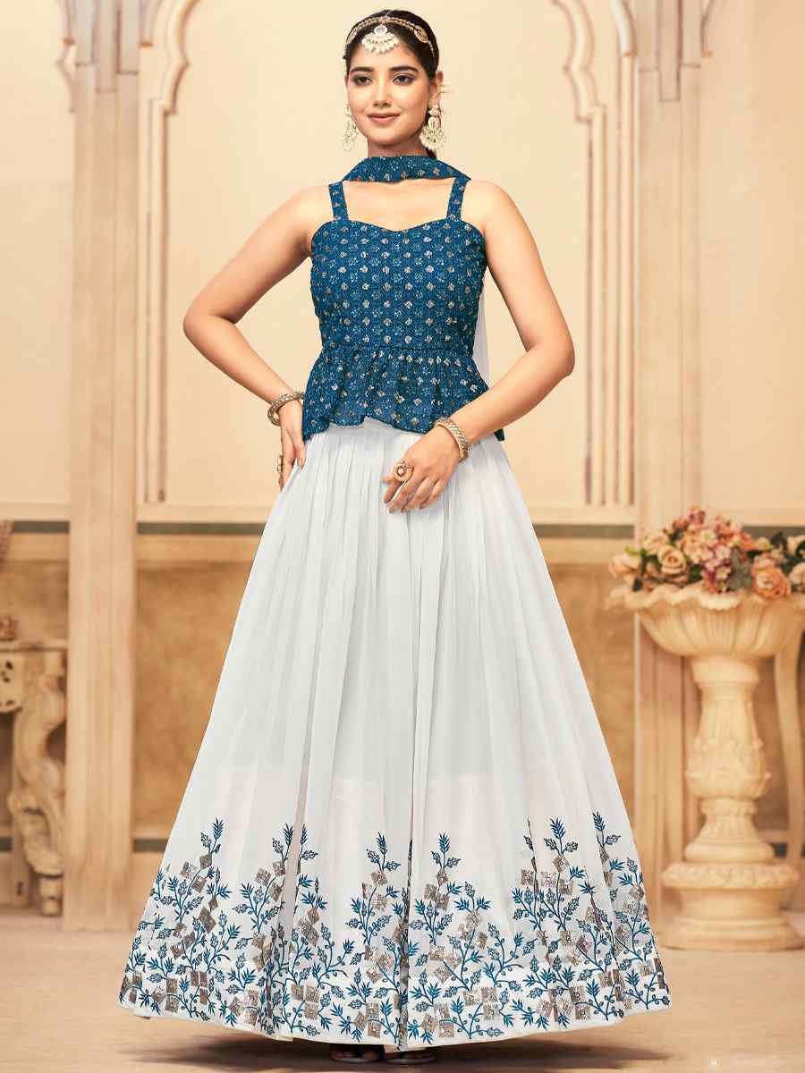 Teal Pure Georgette Embroidered Festival Party Wear Kurti Lehenga Choli