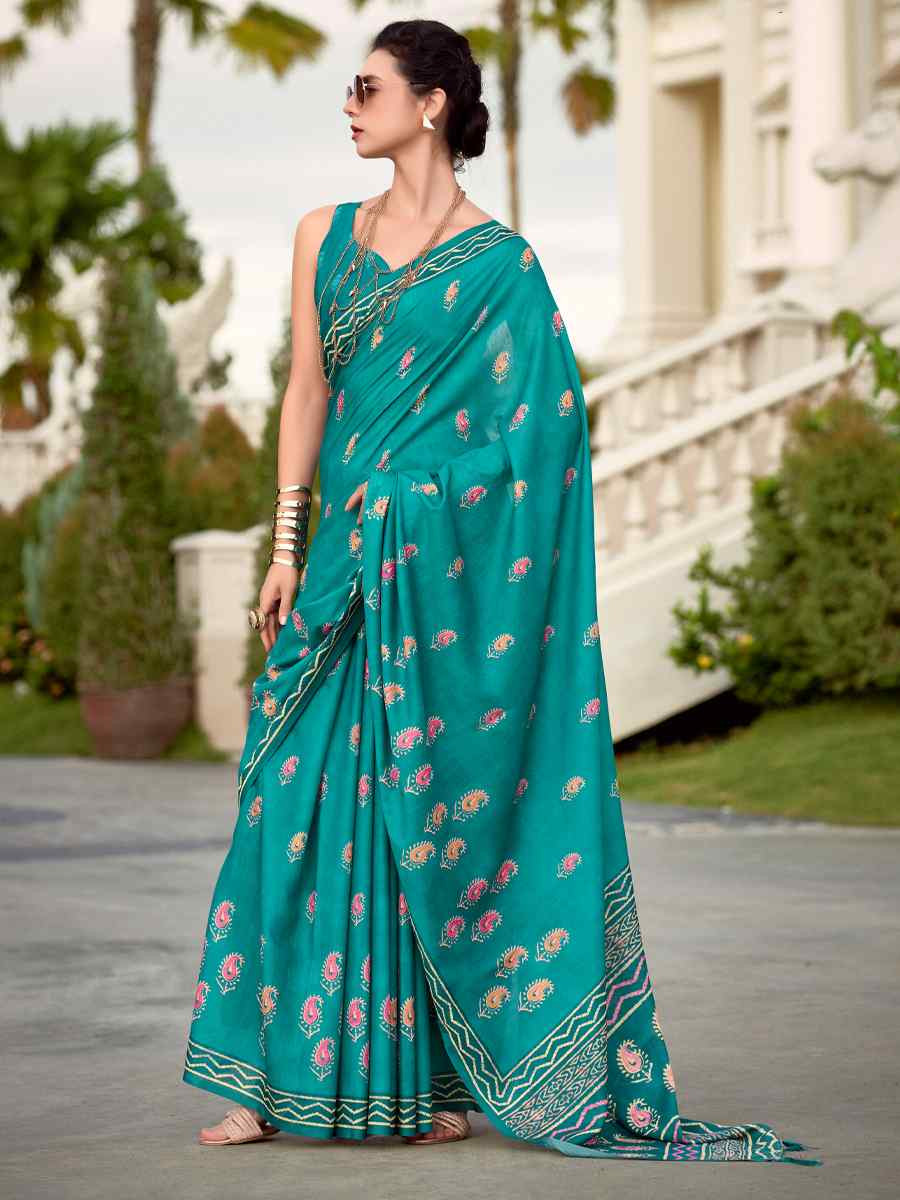 Teal Pure Mal Mal Silk Printed Festival Casual Contemporary Saree