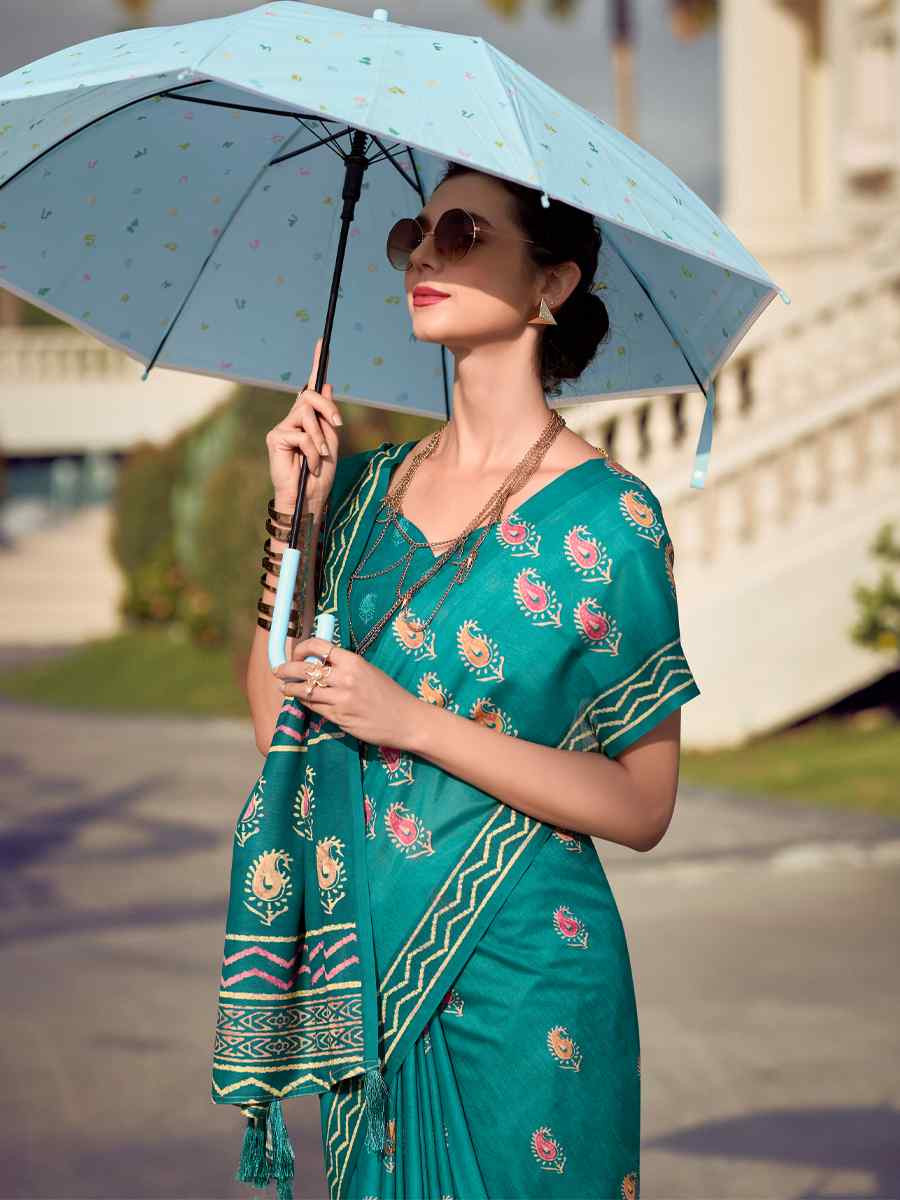 Teal Pure Mal Mal Silk Printed Festival Casual Contemporary Saree