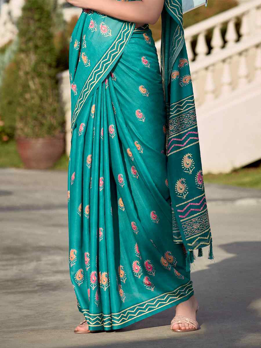 Teal Pure Mal Mal Silk Printed Festival Casual Contemporary Saree