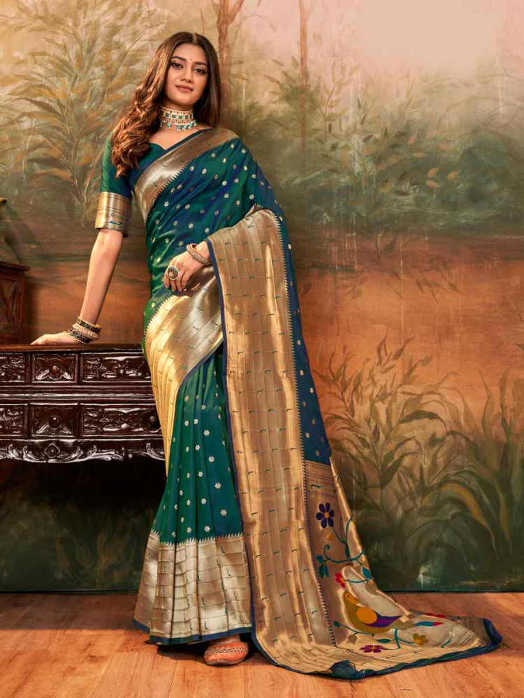 Teal Pure Paithani Silk Handwoven Festival Wedding Heavy Border Saree