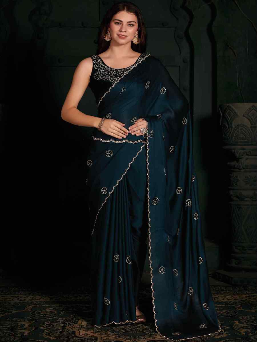 Teal Pure Satin Handwoven Wedding Festival Heavy Border Saree