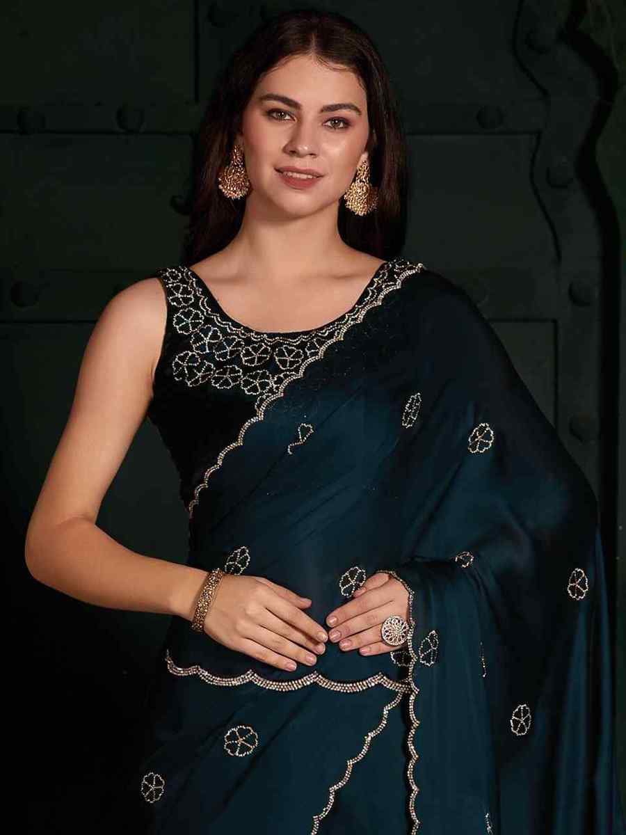 Teal Pure Satin Handwoven Wedding Festival Heavy Border Saree