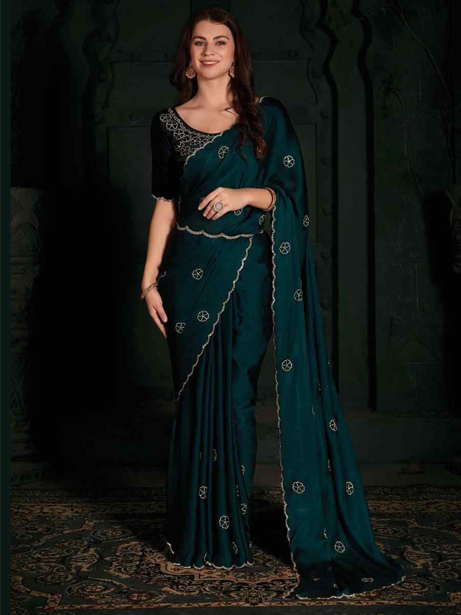 Teal Pure Satin Handwoven Wedding Festival Heavy Border Saree