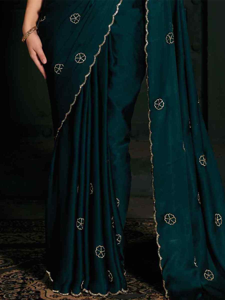 Teal Pure Satin Handwoven Wedding Festival Heavy Border Saree