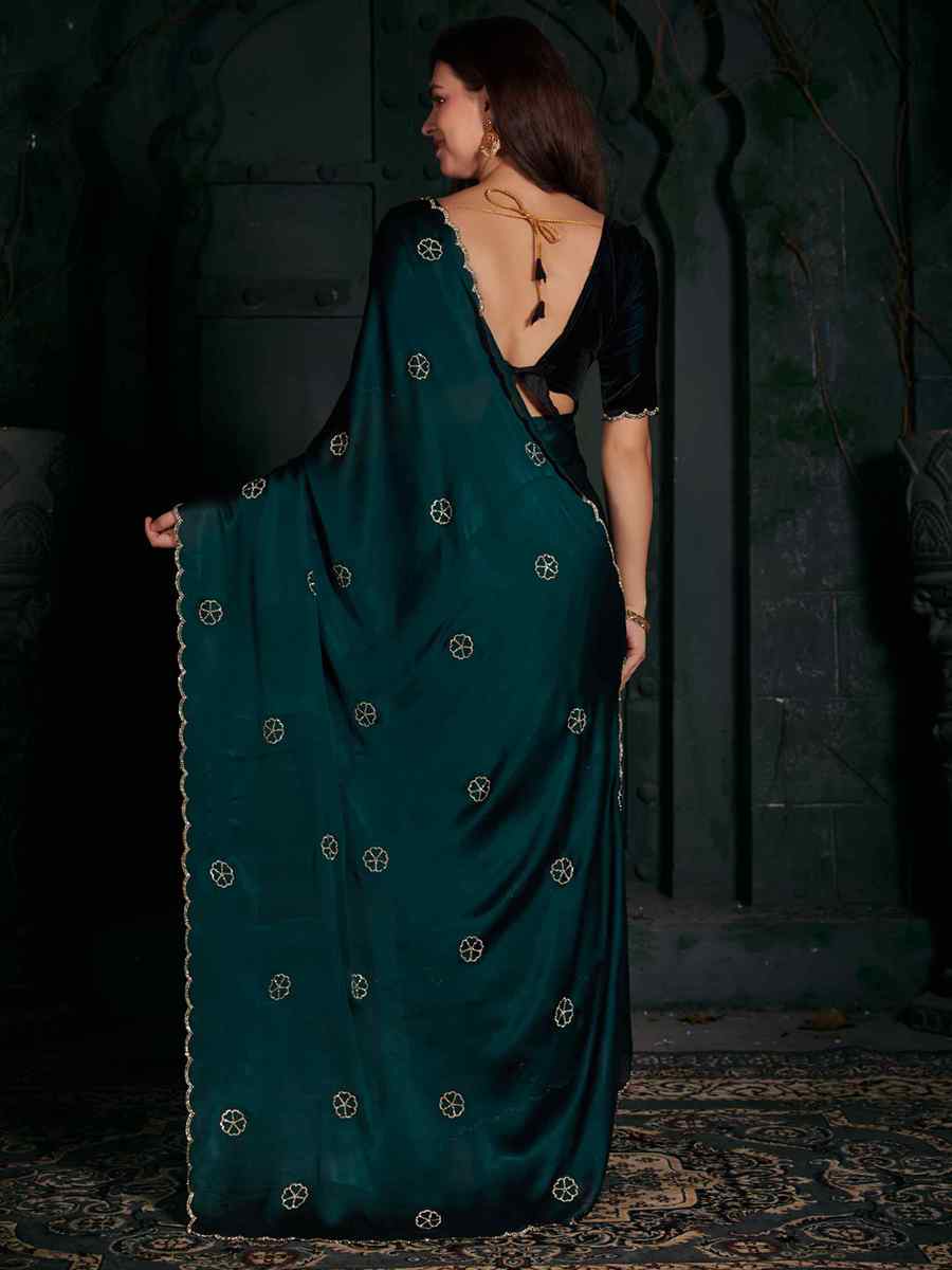 Teal Pure Satin Handwoven Wedding Festival Heavy Border Saree