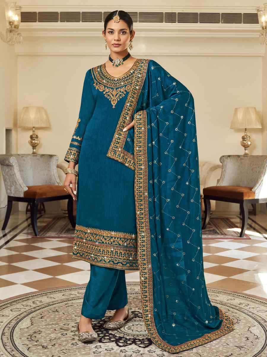 Teal Pure Vichitra Embroidered Festival Wedding Pant Salwar Kameez