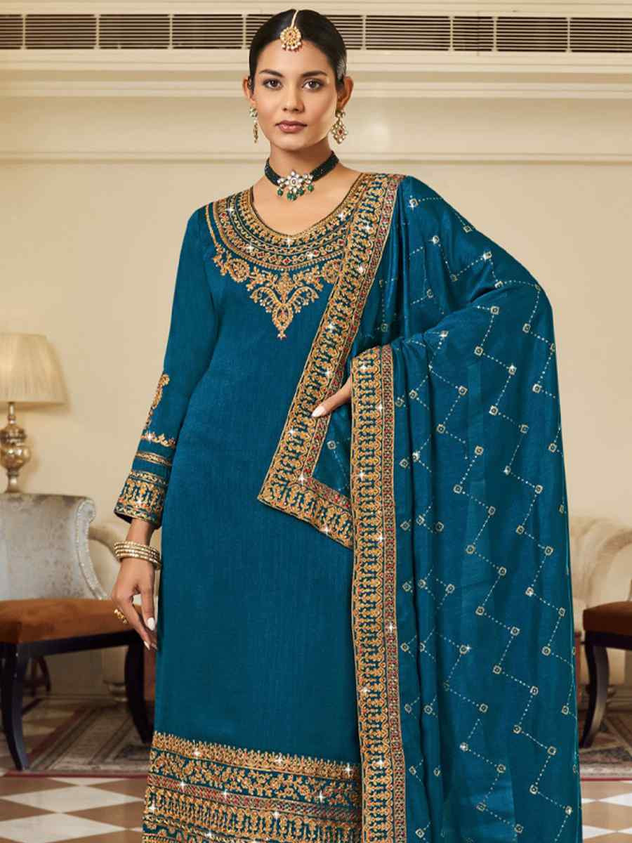 Teal Pure Vichitra Embroidered Festival Wedding Pant Salwar Kameez