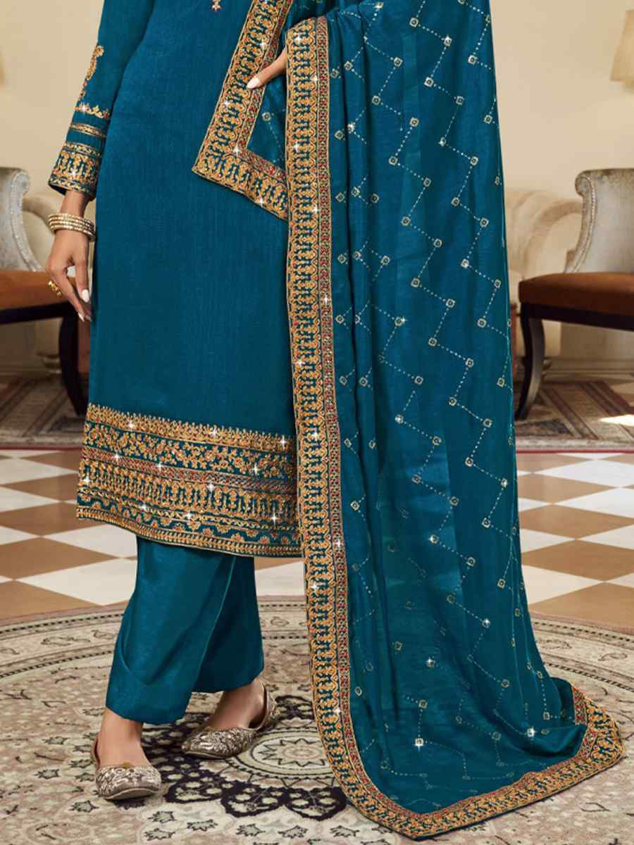 Teal Pure Vichitra Embroidered Festival Wedding Pant Salwar Kameez