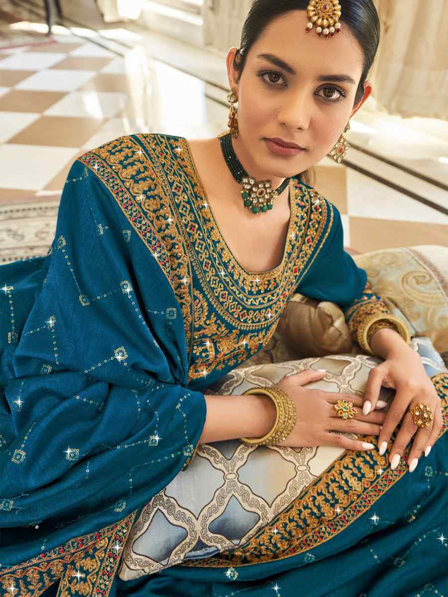 Teal Pure Vichitra Embroidered Festival Wedding Pant Salwar Kameez