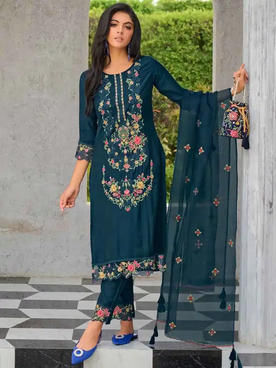 Teal Pure Viscose Embroidered Festival Casual Ready Pant Salwar Kameez