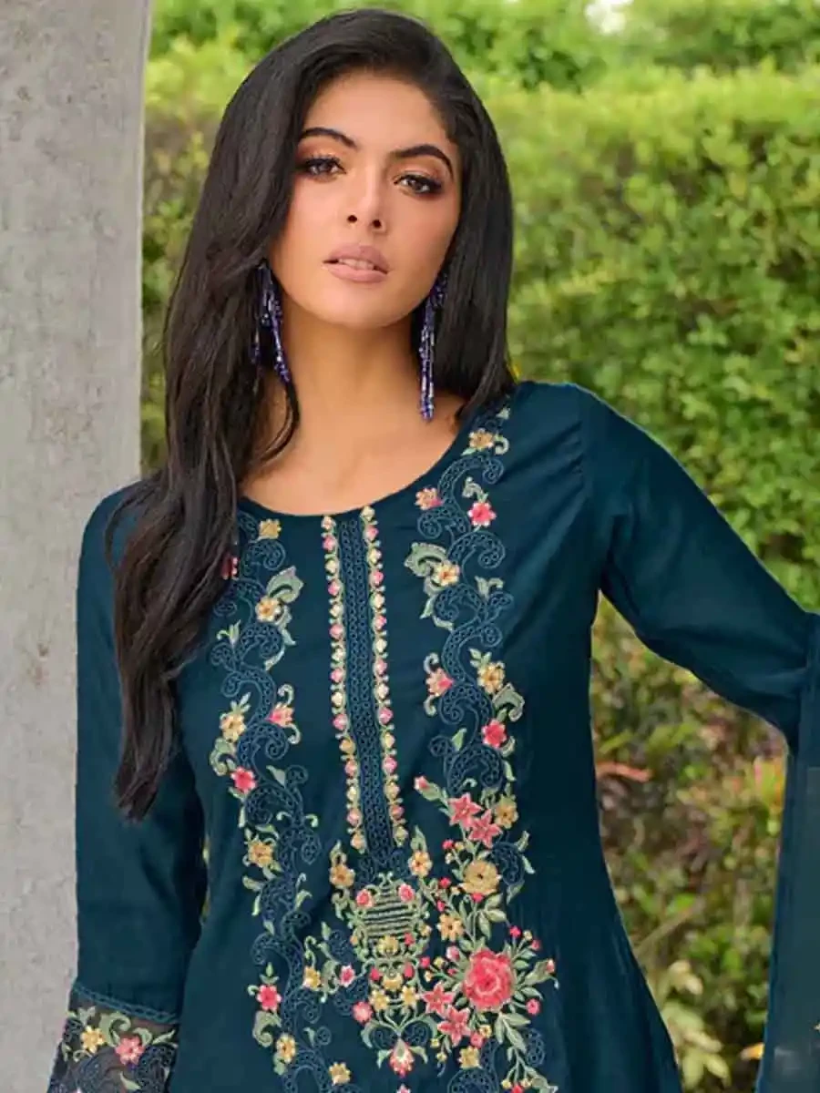 Teal Pure Viscose Embroidered Festival Casual Ready Pant Salwar Kameez