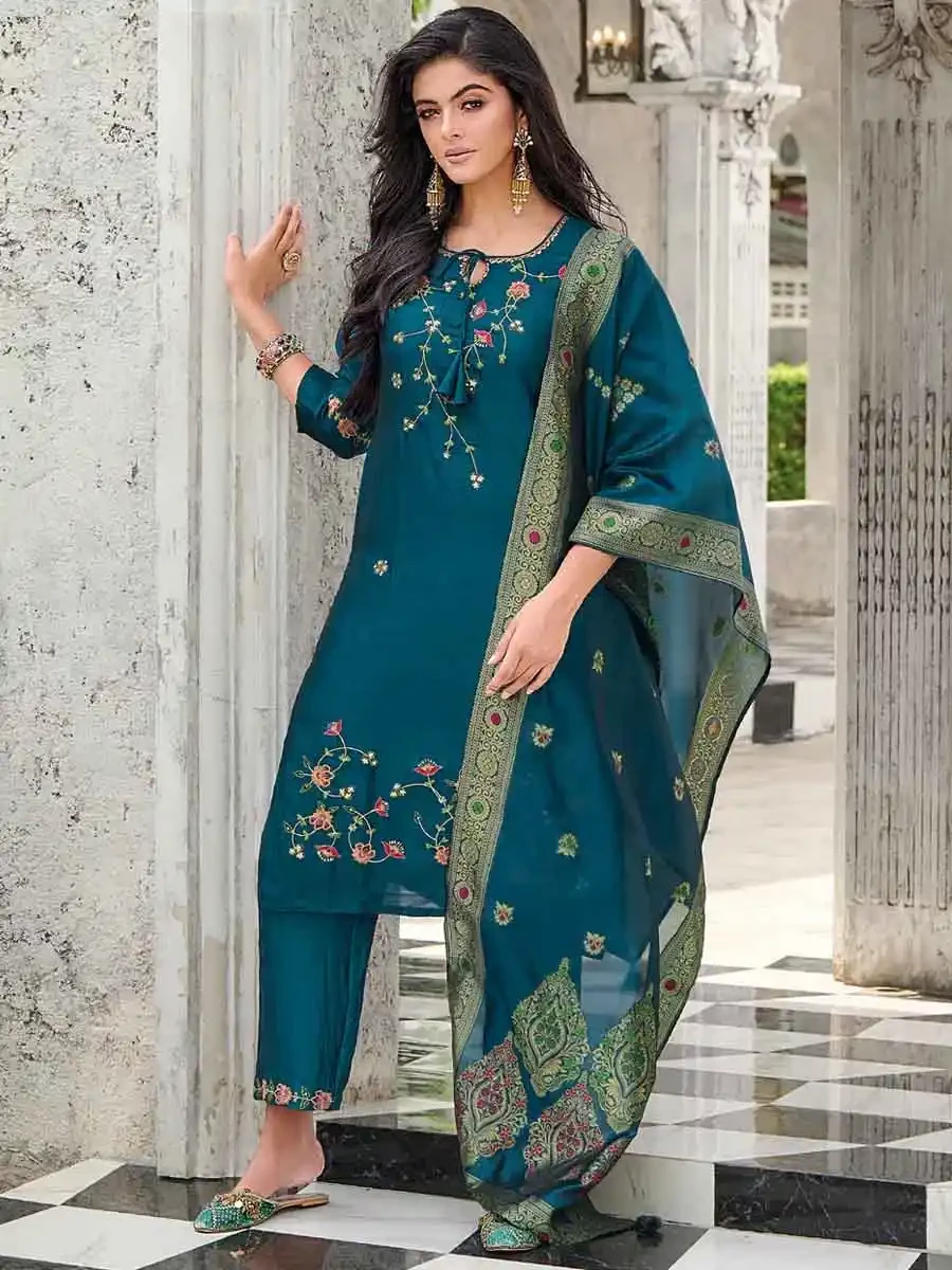 Teal Pure Viscose Embroidered Festival Casual Ready Pant Salwar Kameez