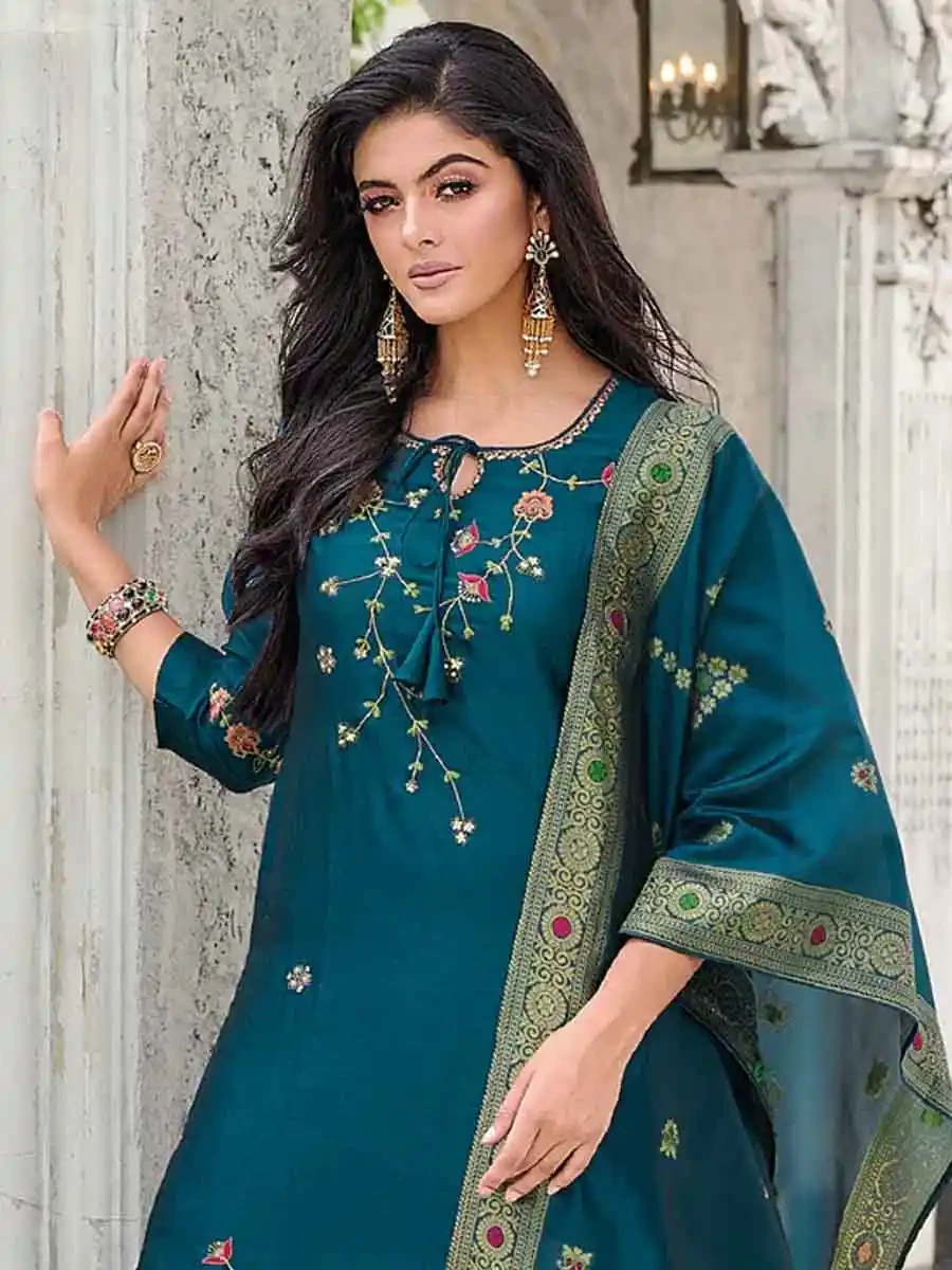 Teal Pure Viscose Embroidered Festival Casual Ready Pant Salwar Kameez