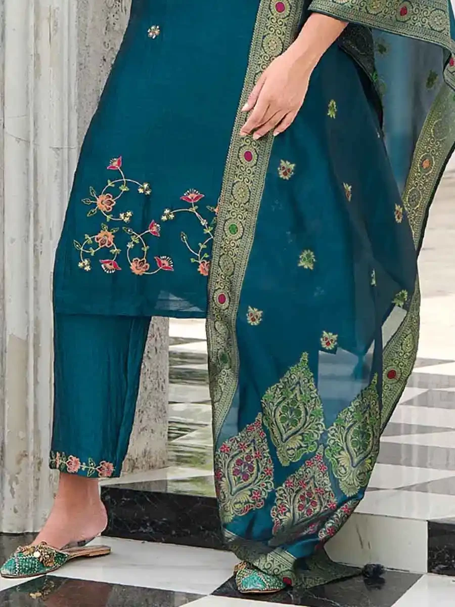 Teal Pure Viscose Embroidered Festival Casual Ready Pant Salwar Kameez