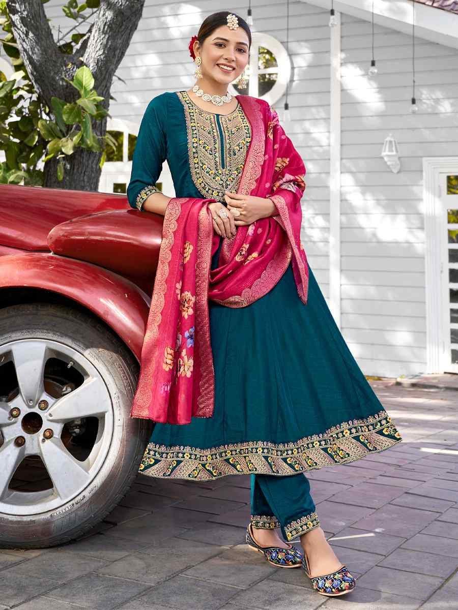 Teal Pure Viscose Vichitra Silk Embroidered Festival Casual Anarkali Ready Salwar Kameez