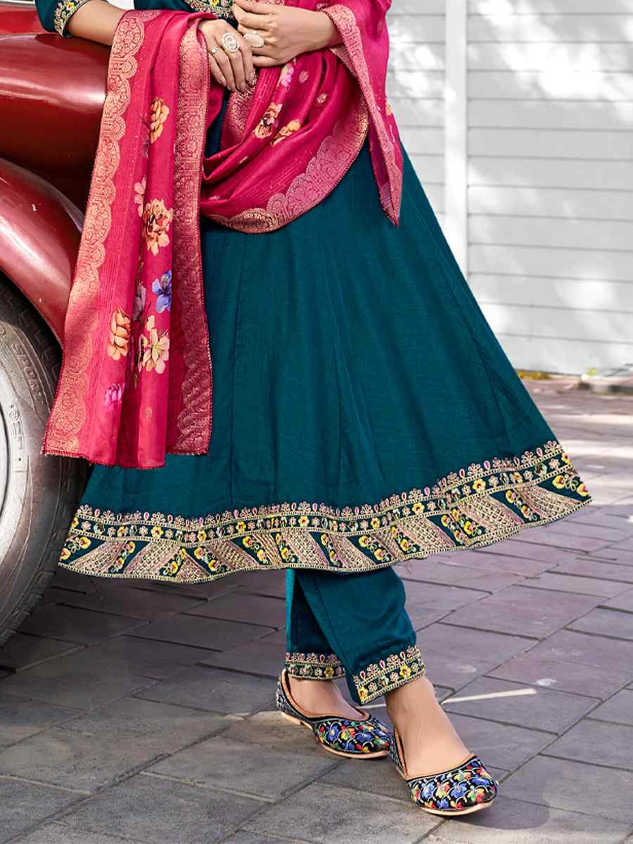 Teal Pure Viscose Vichitra Silk Embroidered Festival Casual Anarkali Ready Salwar Kameez