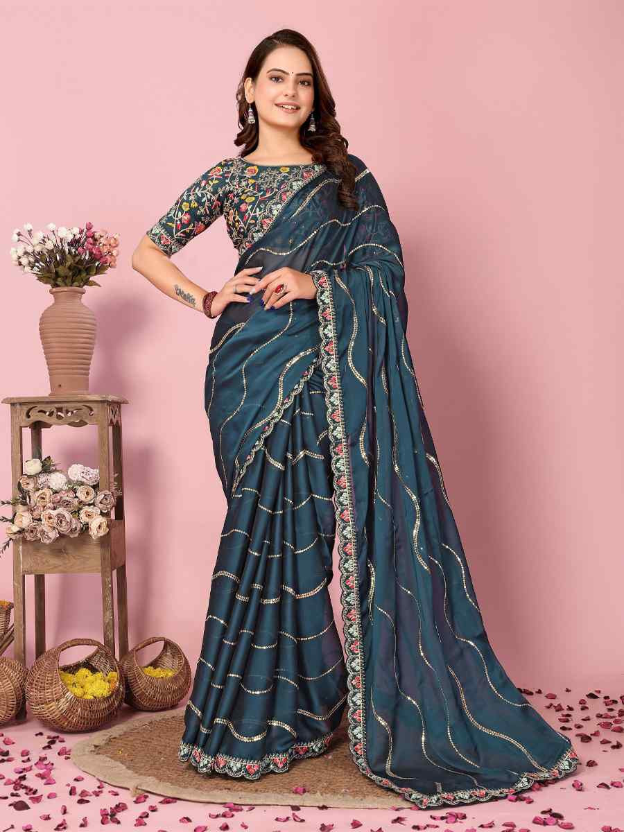 Teal Rangoli Silk Embroidered Festival Party Classic Style Saree