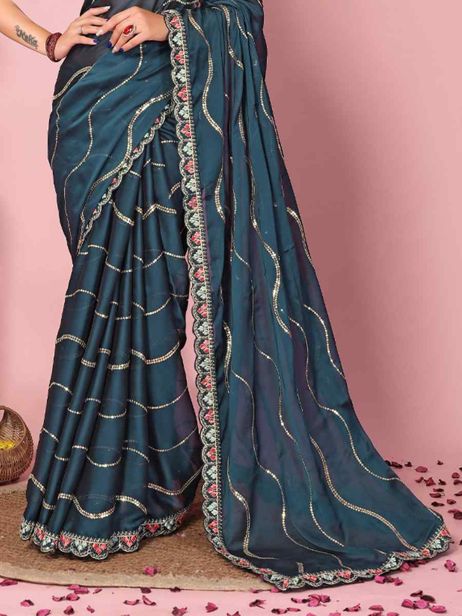 Teal Rangoli Silk Embroidered Festival Party Classic Style Saree