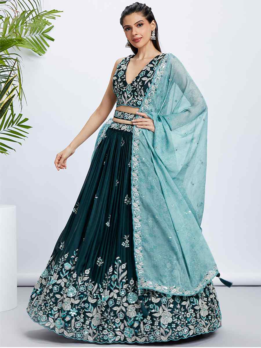 Teal Raw Silk Embroidered Bridesmaid Wedding Heavy Border Lehenga Choli