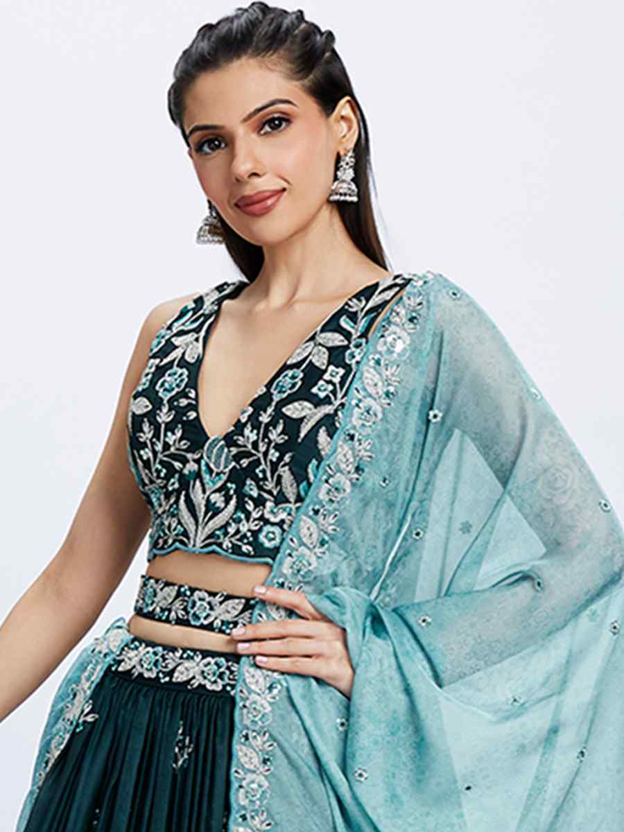 Teal Raw Silk Embroidered Bridesmaid Wedding Heavy Border Lehenga Choli