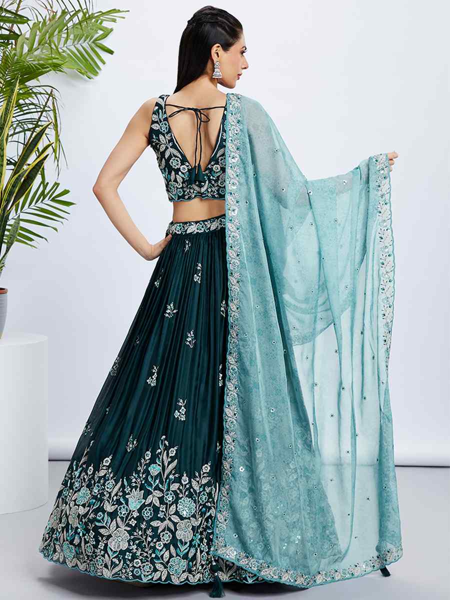 Teal Raw Silk Embroidered Bridesmaid Wedding Heavy Border Lehenga Choli