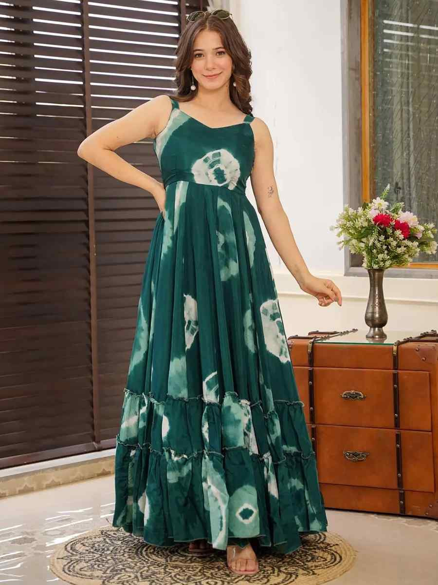 Teal Rayon Printed Festival Mehendi Gown