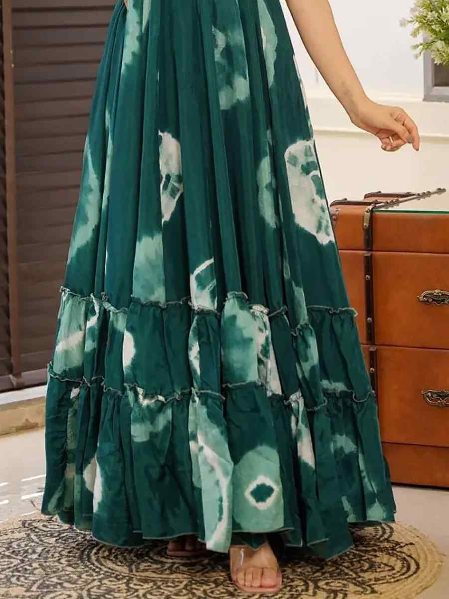 Teal Rayon Printed Festival Mehendi Gown