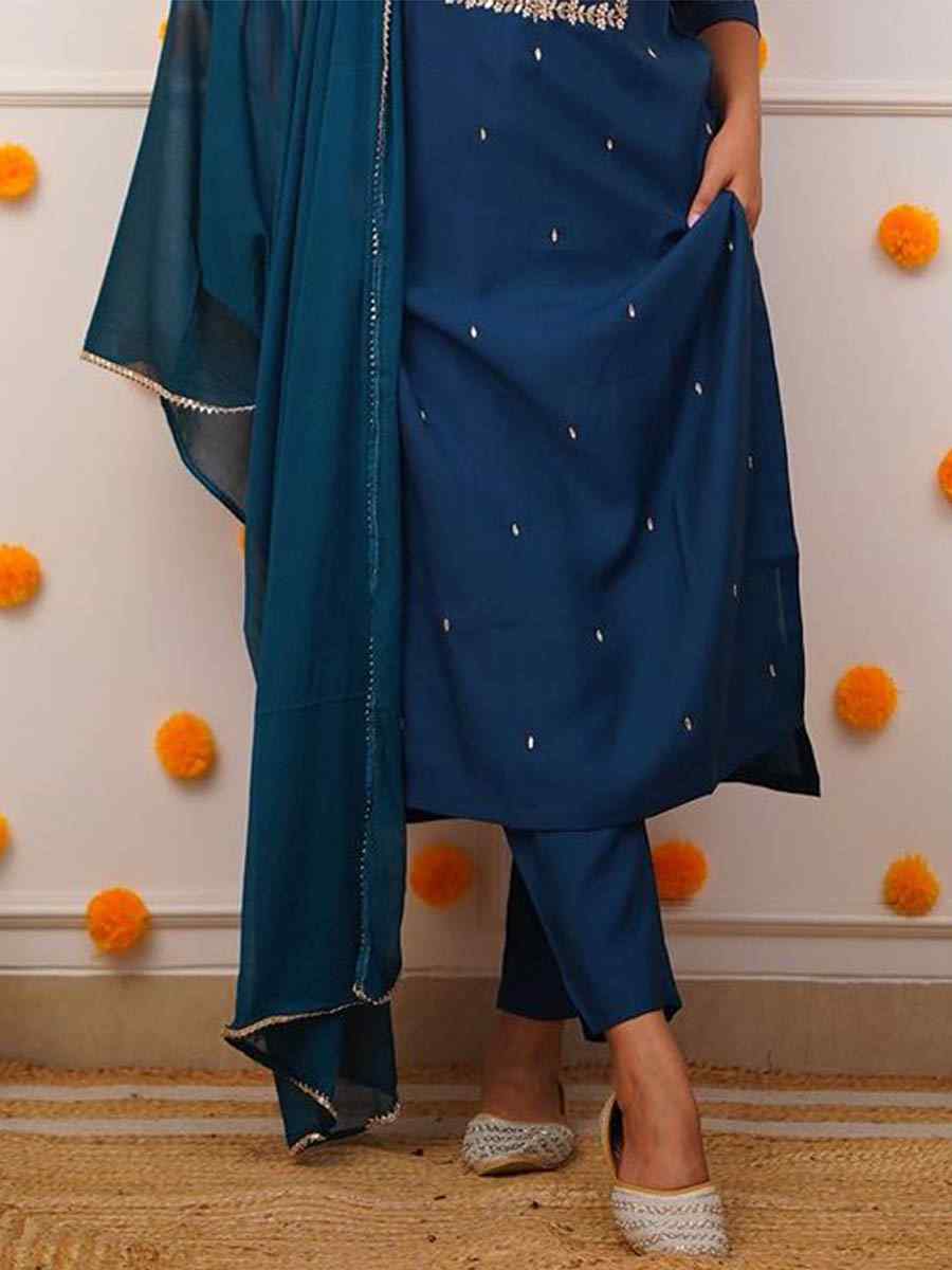 Teal Rayon Slub Embroidered Festival Wedding Ready Pant Salwar Kameez