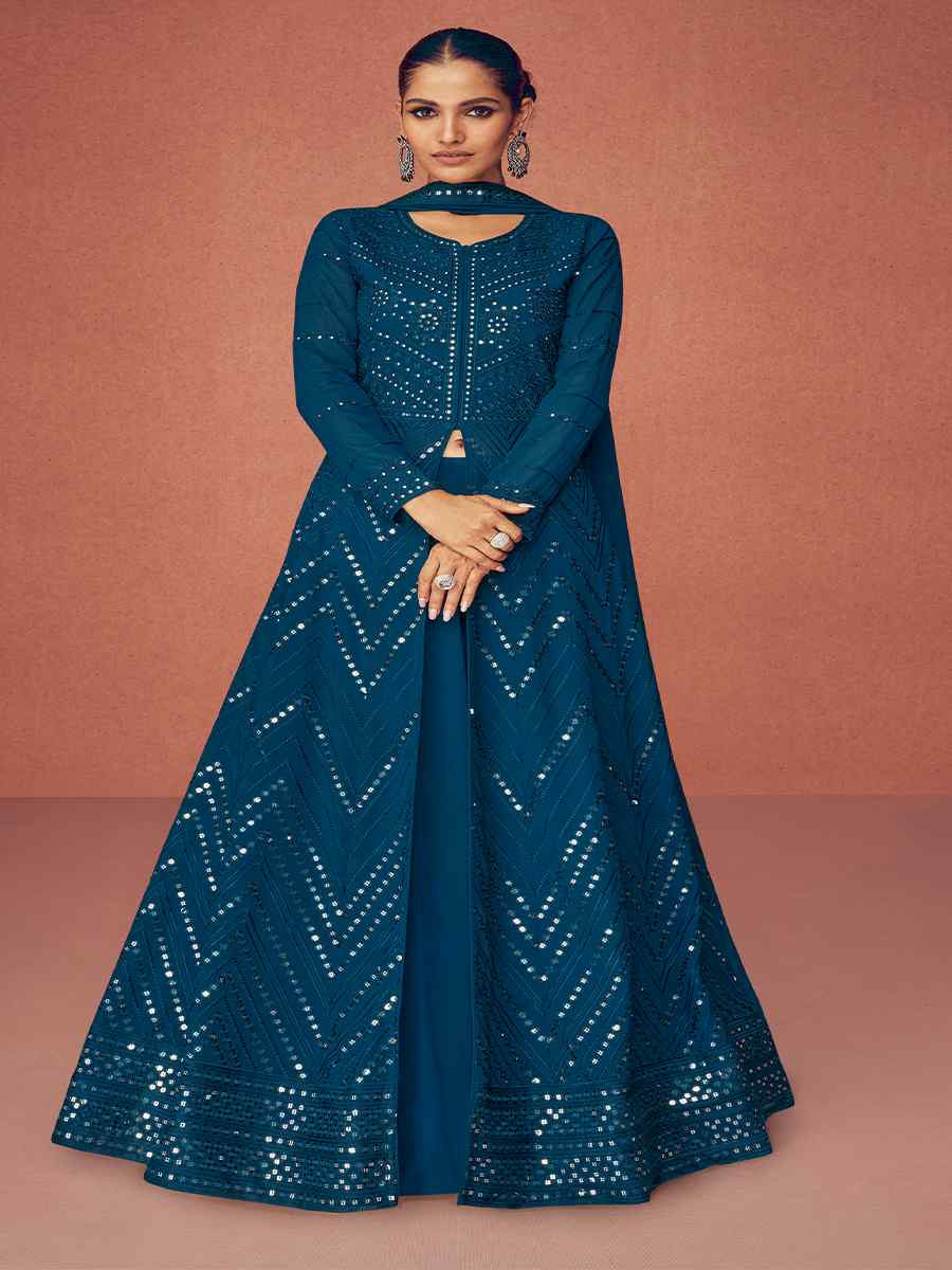 Teal Real Georgette Embroidered Festival Wedding Anarkali Salwar Kameez