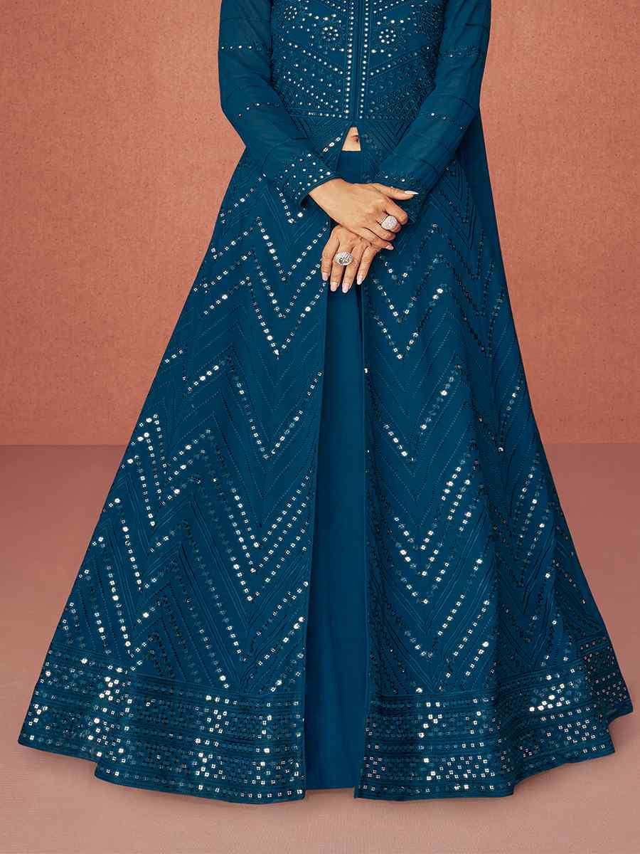 Teal Real Georgette Embroidered Festival Wedding Anarkali Salwar Kameez