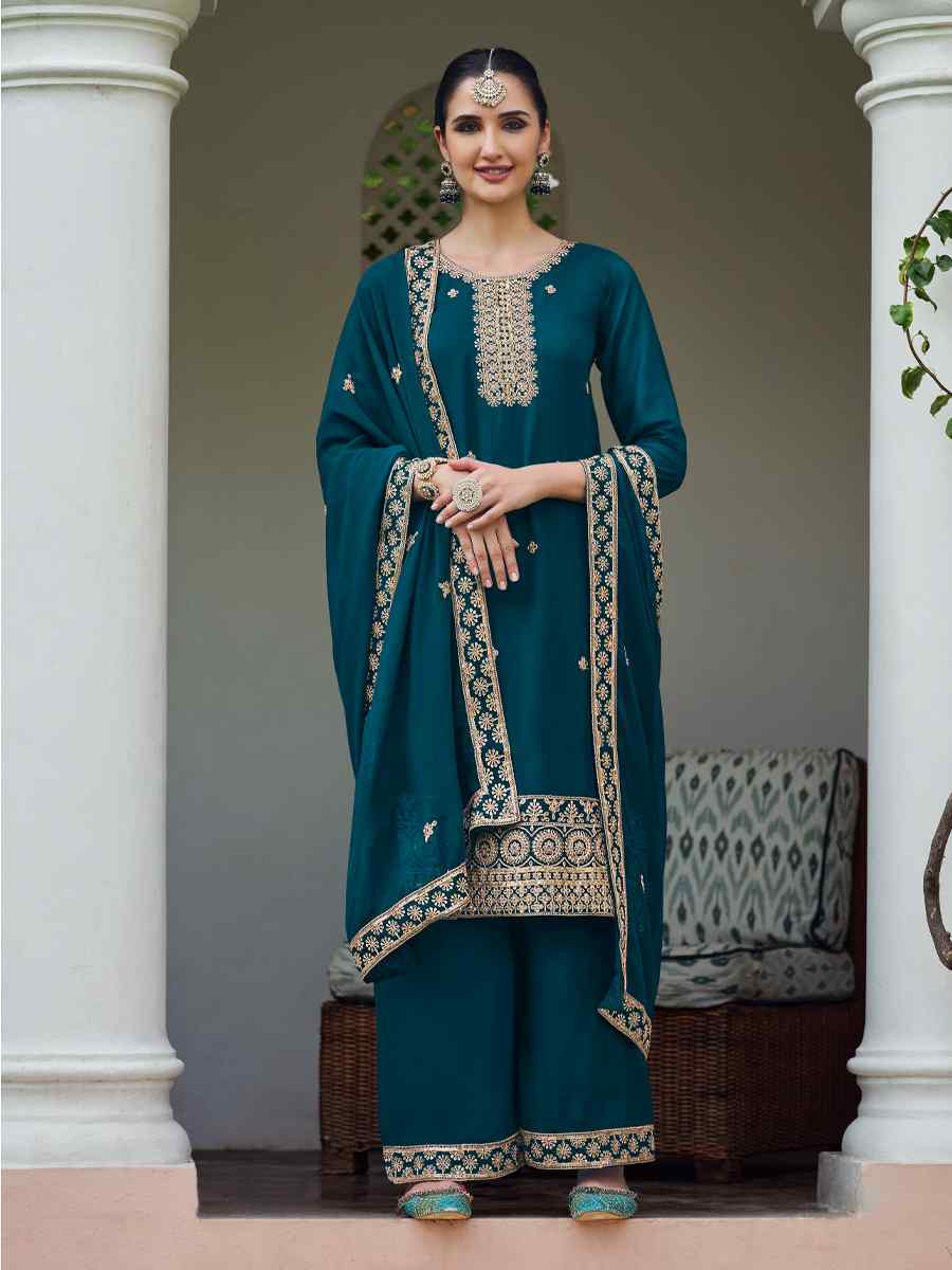 Teal Real Georgette Embroidered Festival Wedding Palazzo Pant Salwar Kameez