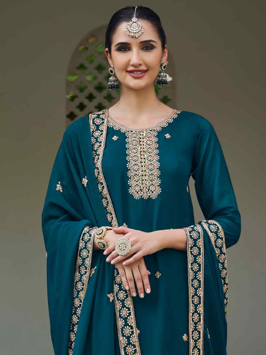 Teal Real Georgette Embroidered Festival Wedding Palazzo Pant Salwar Kameez