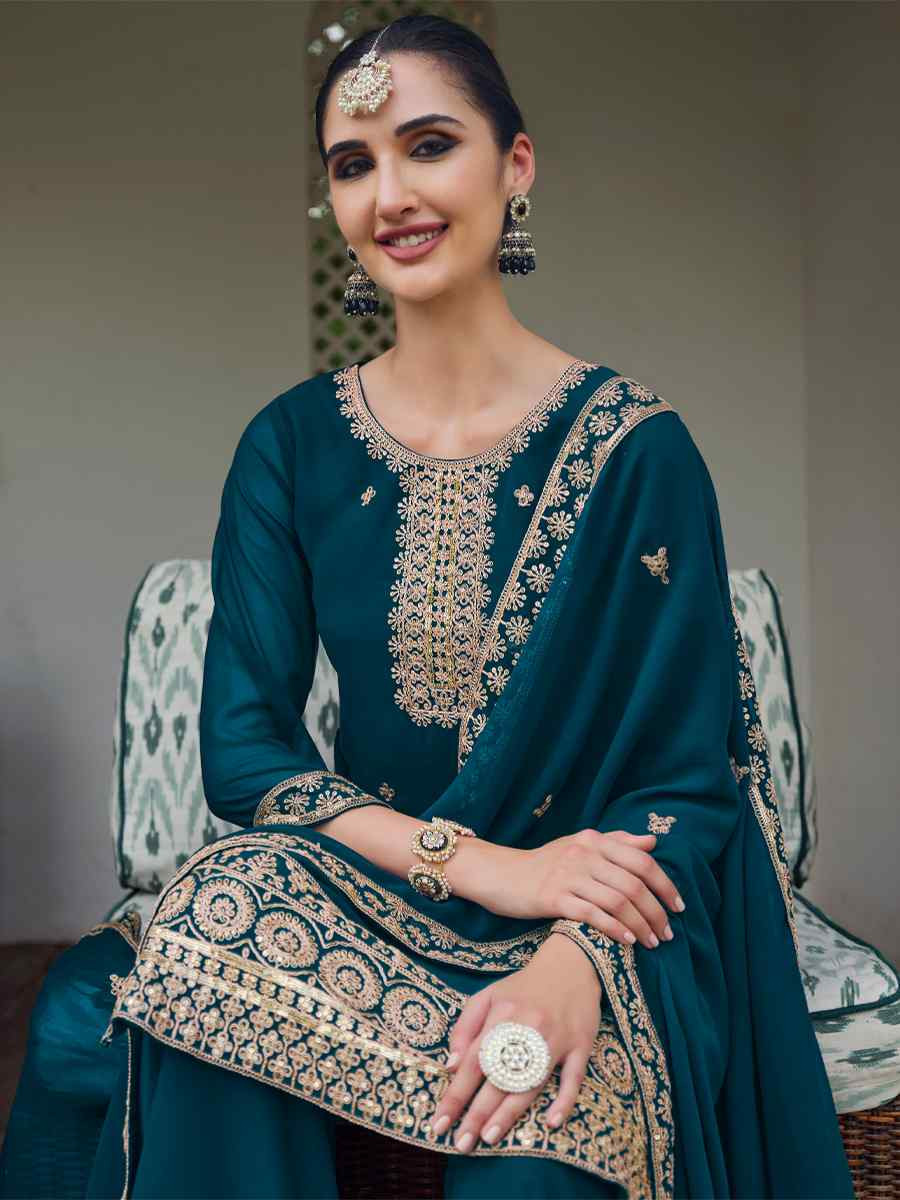 Teal Real Georgette Embroidered Festival Wedding Palazzo Pant Salwar Kameez