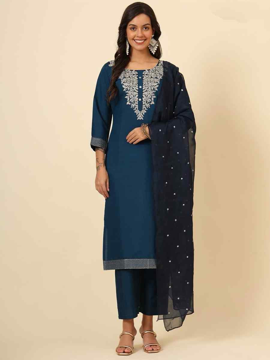 Teal Roman Muslin Silk Embroidered Festival Casual Ready Pant Salwar Kameez