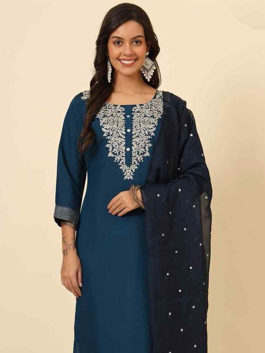 Teal Roman Muslin Silk Embroidered Festival Casual Ready Pant Salwar Kameez